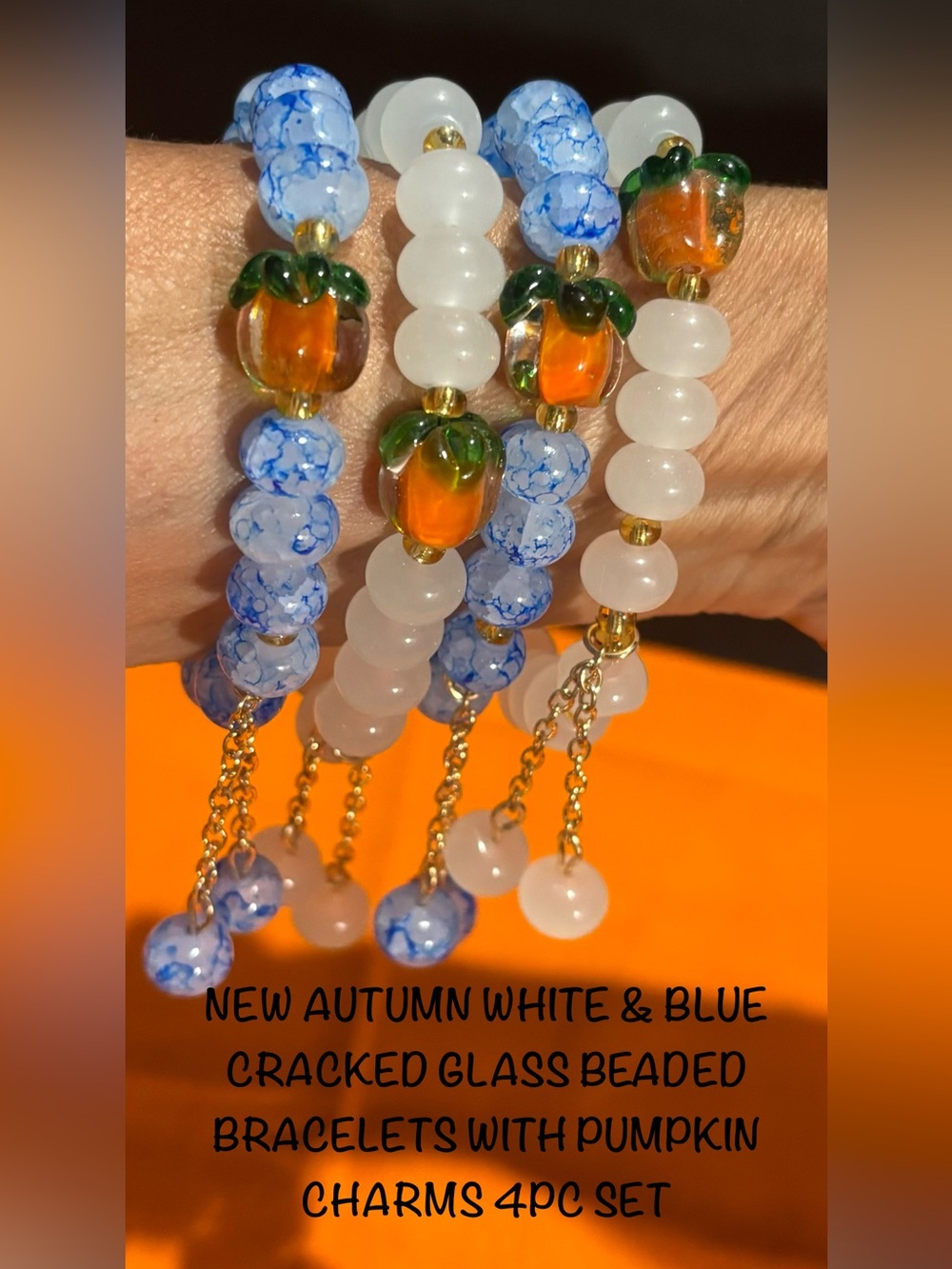 New Autumn White & Blue Beaded Bracelet Set with Pumpkin Charms